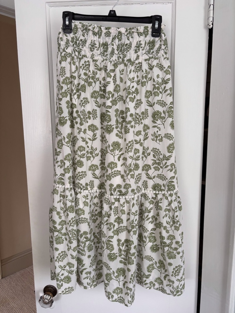 White Maxi Skirt with Olive Green Floral Print